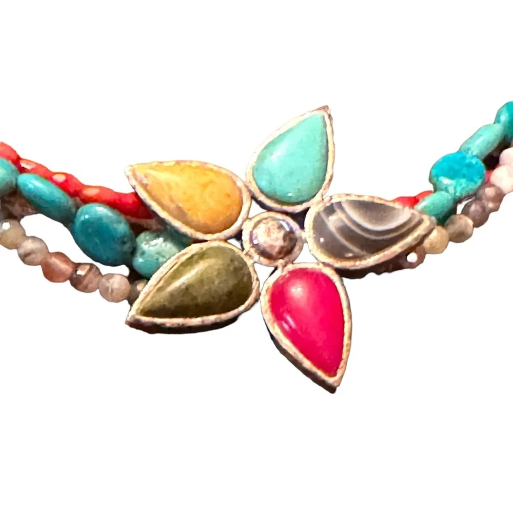 Barse sterling silver 925 multi strand gemstone flower southwestern  necklace - Picture 4 of 8